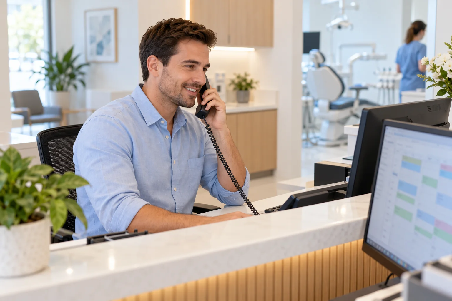 Coordinador de recepción dental atendiendo una llamada telefónica