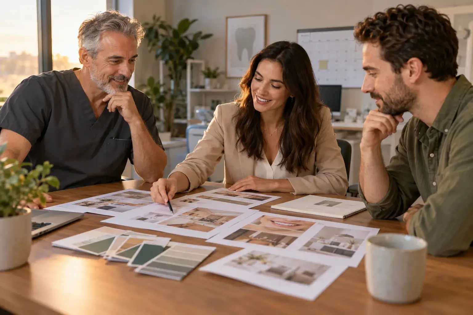 Equipo coordinando el plan de marketing y los contenidos de una clínica dental