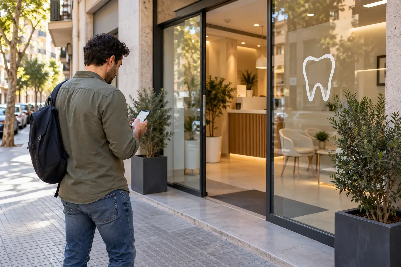 Persona consultando indicaciones en el móvil junto a la entrada de una clínica dental